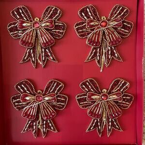 Sugarplum Dreams Beaded Bow Ornaments Set of 4 Holiday Red & Gold Glam New